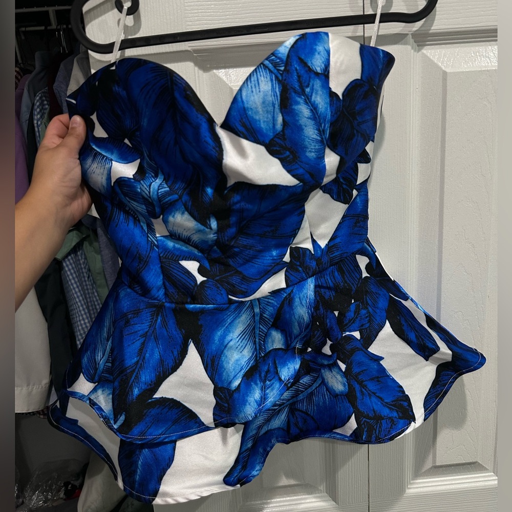 EUC Windsor Blue and Black Strapless Peplum Top